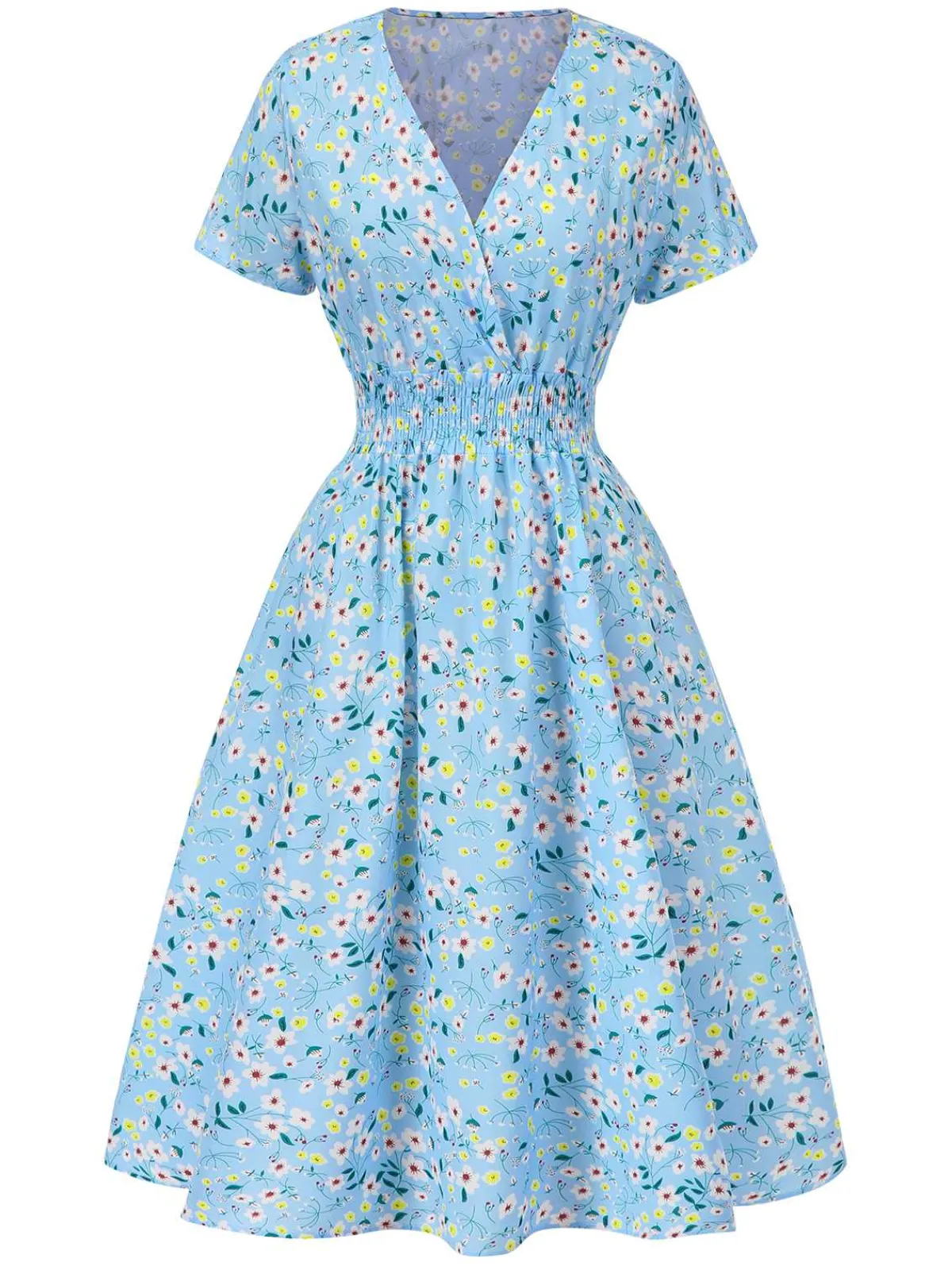 Outlet Retro Stage 1950s Floral V-Neck A-line Dress Sky Blue