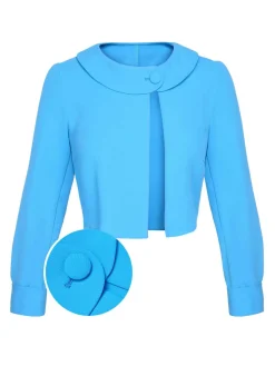Best Retro Stage 1960s Lapel Button Solid Coat Sky Blue
