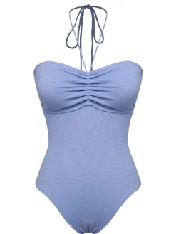 Hot Retro Stage 1970s Solid Drawstring Bandeau Swimsuit Sky Blue
