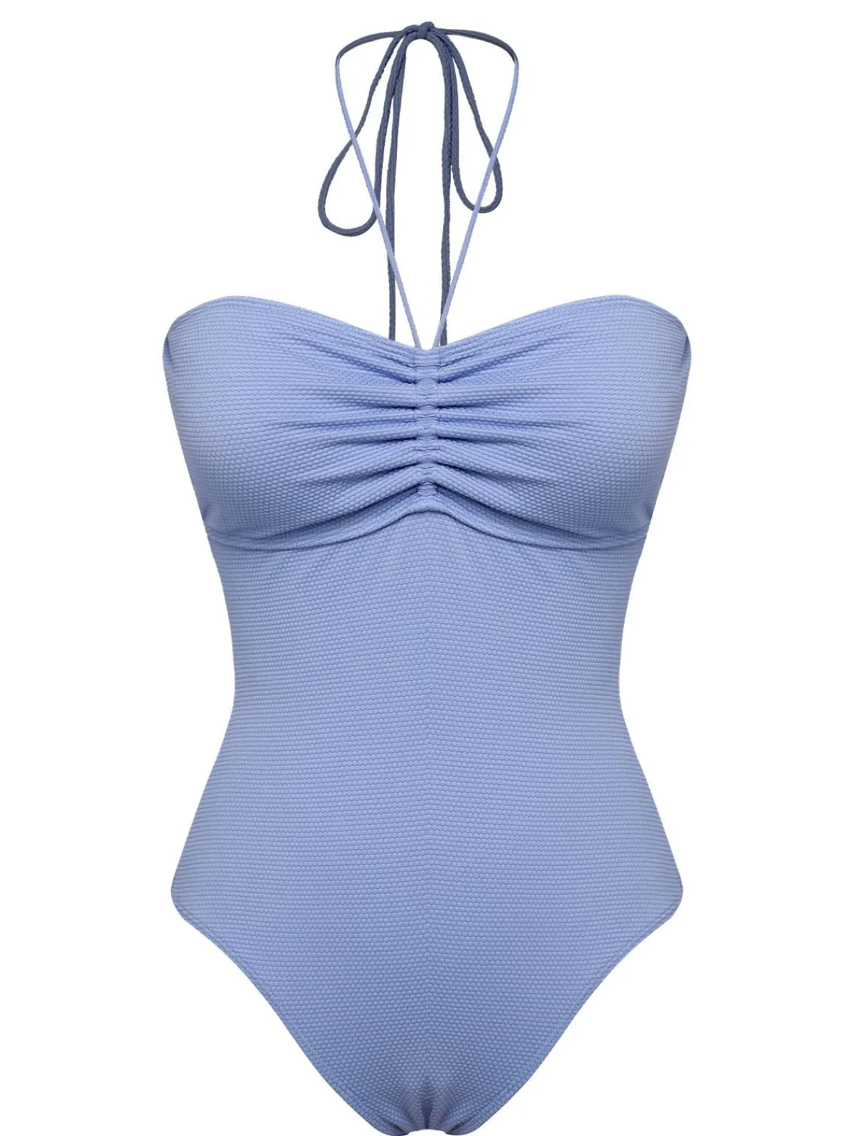 Hot Retro Stage 1970s Solid Drawstring Bandeau Swimsuit Sky Blue