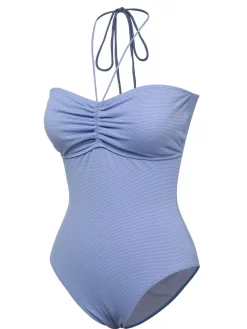 Hot Retro Stage 1970s Solid Drawstring Bandeau Swimsuit Sky Blue