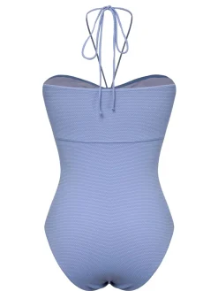 Hot Retro Stage 1970s Solid Drawstring Bandeau Swimsuit Sky Blue