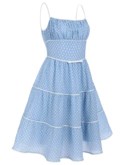 Clearance Retro Stage Sky Blue 1950s Strap Polka Dot Swing Dress