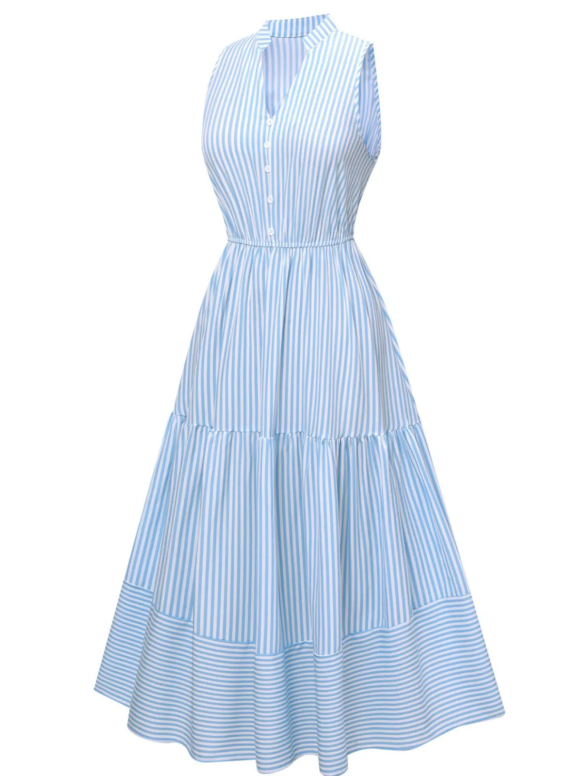 Online Retro Stage 1940s Stripes Stand Collar Dress Sky Blue
