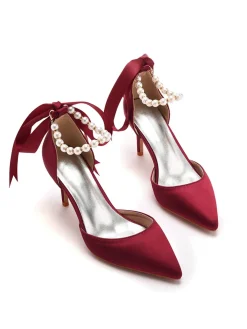 Fashion Retro Stage Solid Color Pearl Satin Pointed Toe Heels