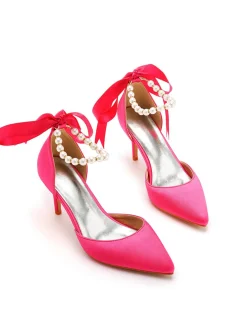 Fashion Retro Stage Solid Color Pearl Satin Pointed Toe Heels