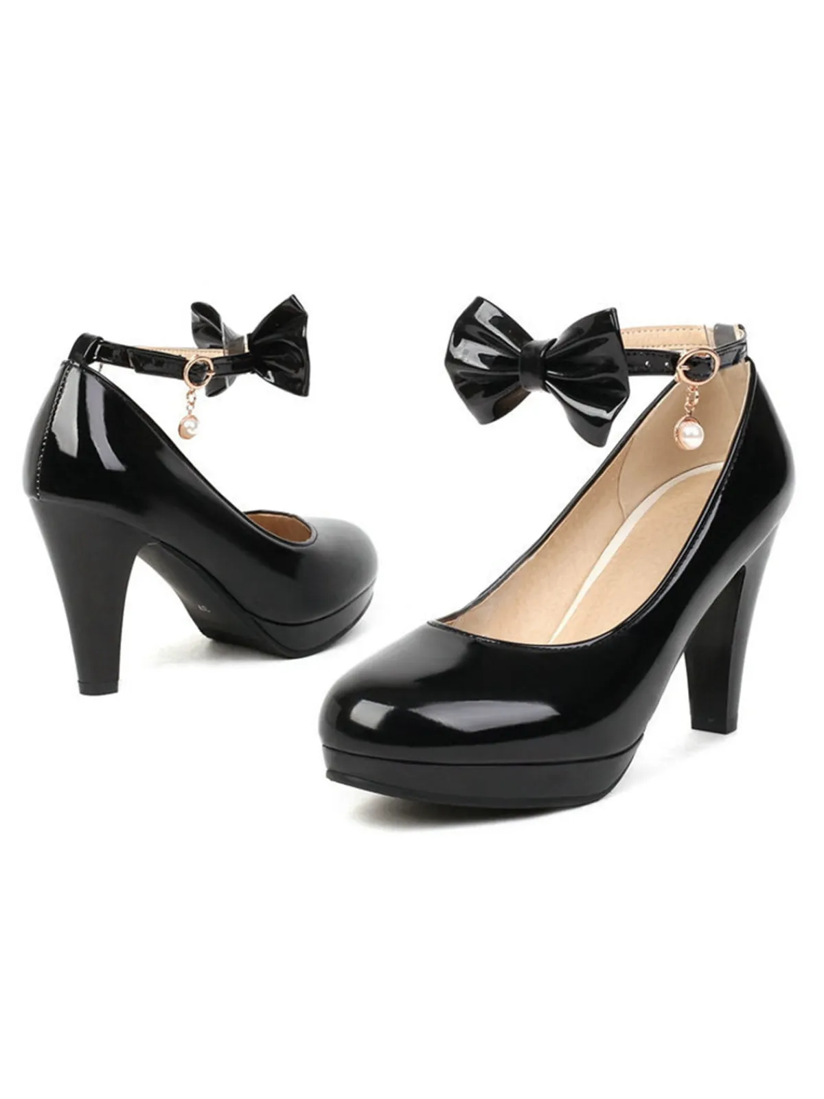 Hot Retro Stage Solid Leather Bowknot Buckle Strap Chunky Heels