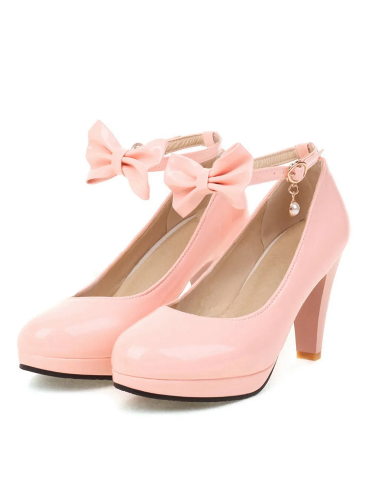 Hot Retro Stage Solid Leather Bowknot Buckle Strap Chunky Heels