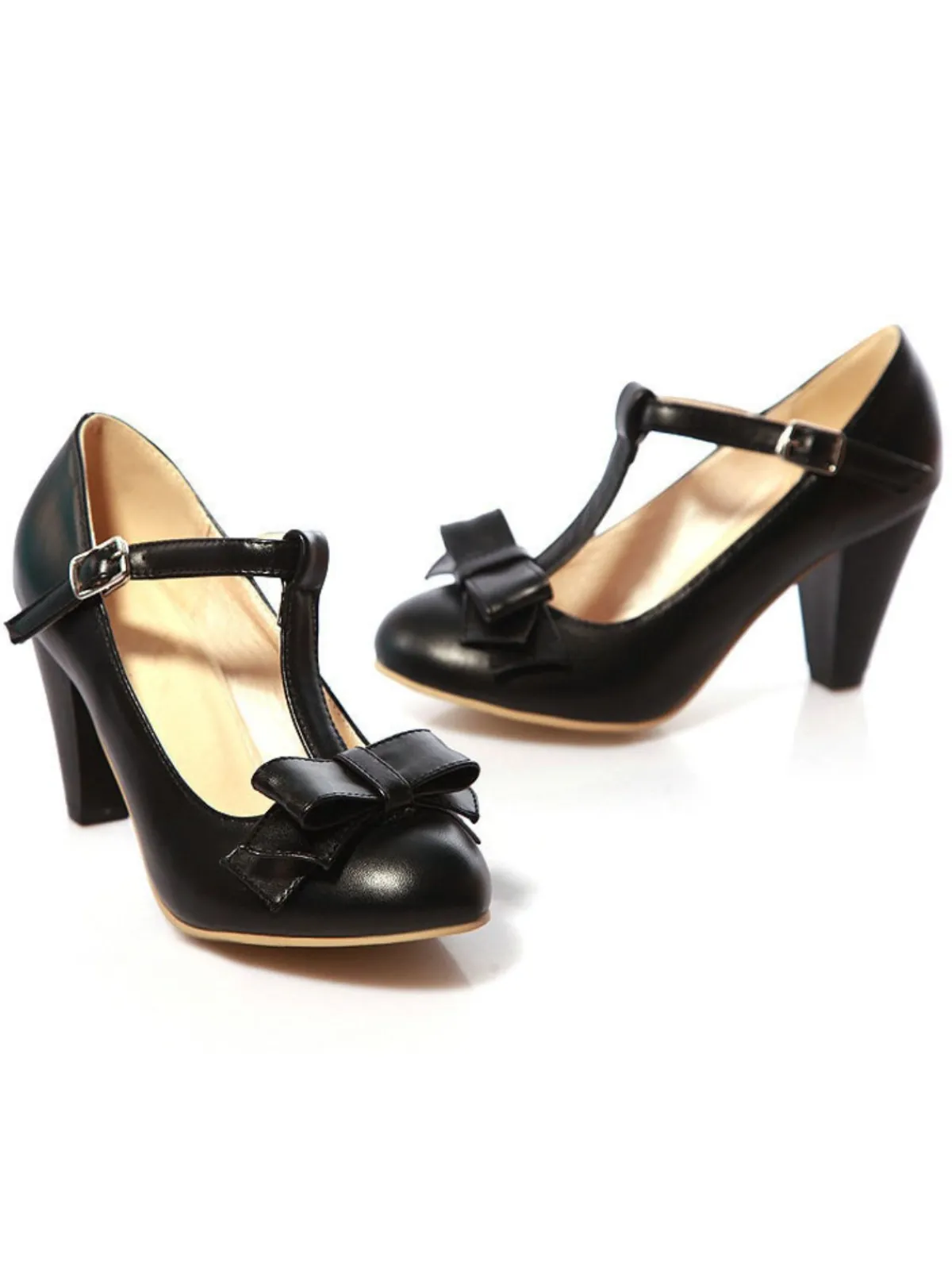Sale Retro Stage Solid Leather Bowknot T-Strap Chunky Heels