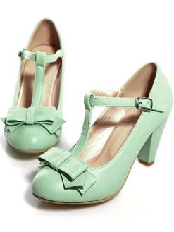 Sale Retro Stage Solid Leather Bowknot T-Strap Chunky Heels