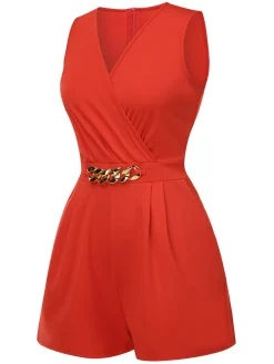 Hot Retro Stage Solid 1960s Surplice V-Neck Sleeveless Chain Romper
