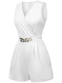 Hot Retro Stage Solid 1960s Surplice V-Neck Sleeveless Chain Romper