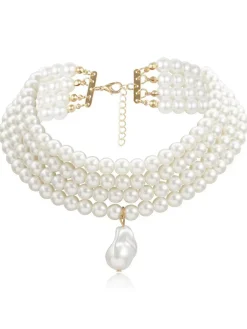 Online Retro Stage Special-Shaped Pendant Multi-Layered Pearl Necklace