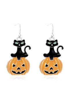 Hot Retro Stage Spooky Halloween Cat And Pumpkin Earrings