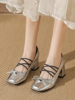 New Retro Stage Square Toe Leather Bow High Heels