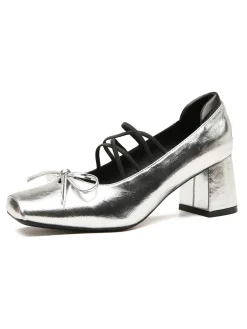 New Retro Stage Square Toe Leather Bow High Heels