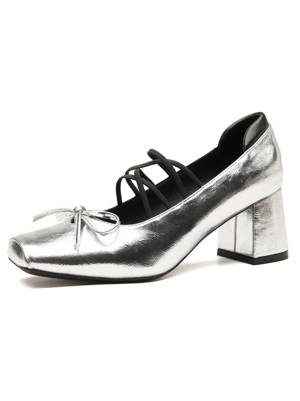 New Retro Stage Square Toe Leather Bow High Heels