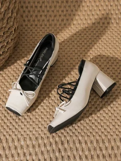 New Retro Stage Square Toe Leather Bow High Heels