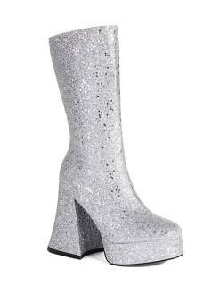 Outlet Retro Stage Square Toe Sequined Chunky Heel Mid-Calf Boots