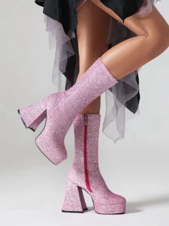 Outlet Retro Stage Square Toe Sequined Chunky Heel Mid-Calf Boots