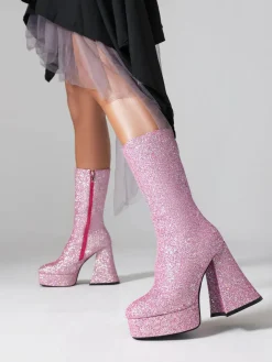 Outlet Retro Stage Square Toe Sequined Chunky Heel Mid-Calf Boots
