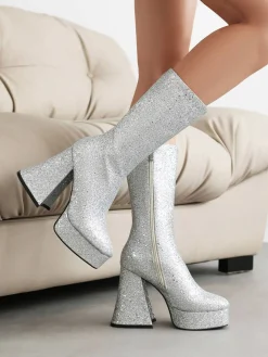 Outlet Retro Stage Square Toe Sequined Chunky Heel Mid-Calf Boots