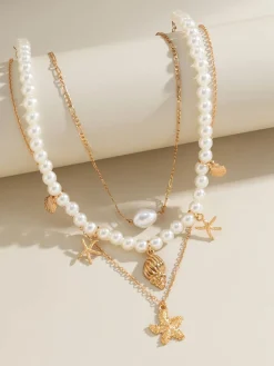 New Retro Stage Starfish Seashell Pearl Layered Chain Necklace