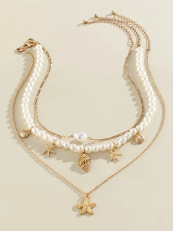 New Retro Stage Starfish Seashell Pearl Layered Chain Necklace