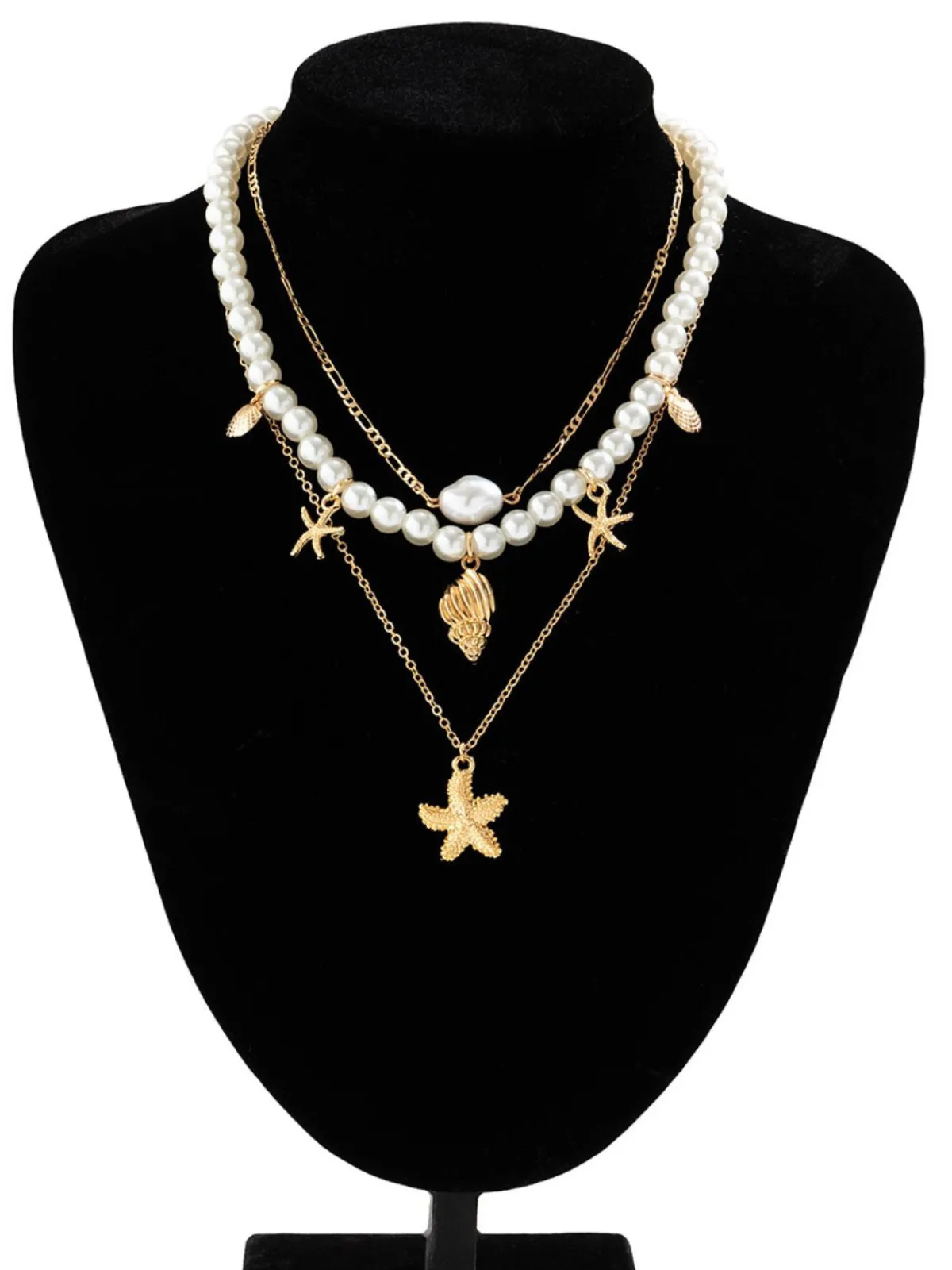 New Retro Stage Starfish Seashell Pearl Layered Chain Necklace