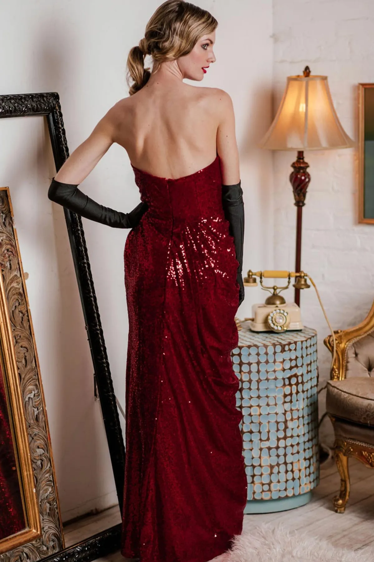 Hot Retro Stage Strapless Sequin Bridesmaid Dress Dark Red