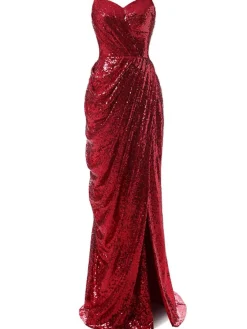 Hot Retro Stage Strapless Sequin Bridesmaid Dress Dark Red