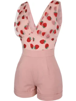 Clearance Retro Stage Strawberry 1950s Patchwork Lace Romper Pink