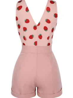 Clearance Retro Stage Strawberry 1950s Patchwork Lace Romper Pink