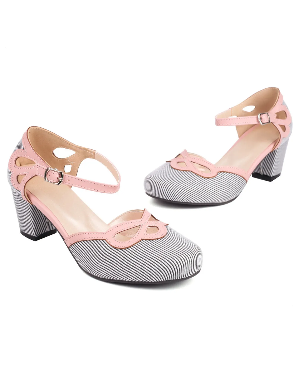 Clearance Retro Stage Stripe & Polka Dots Buckled High Heel Shoes
