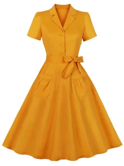 Sale Retro Stage 1950s Buttoned Lapel Belted Dress Turmeric