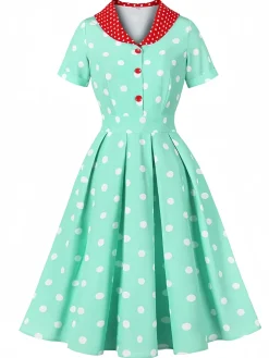 Outlet Retro Stage 1950s Patchwork Polka Dots Dress Turquoise