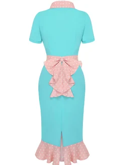 Outlet Retro Stage Turquoise 1930s Polka Dots Ruffles Dress Blue Green
