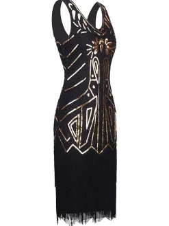 Discount Retro Stage US Only 1920sSequin Fringed Flapper Dress Black