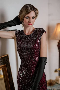 Hot Retro Stage US Only 1920s Sequin Beaded Fringed Dress Wine red