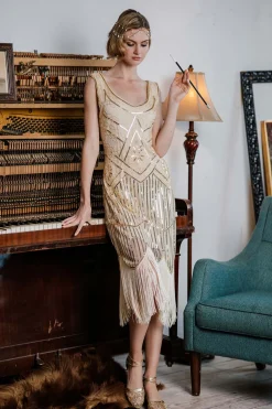 Discount Retro Stage [US Warehouse] 1920s Beaded Sequin Flapper Dress Apricot