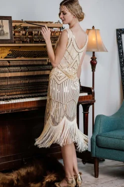 Discount Retro Stage [US Warehouse] 1920s Beaded Sequin Flapper Dress Apricot