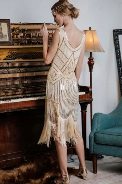 Discount Retro Stage [US Warehouse] 1920s Beaded Sequin Flapper Dress Apricot