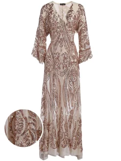 Sale Retro Stage [US Warehouse] Apricot 1920s Sequined Maxi Cover-ups Dress