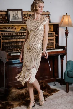 Sale Retro Stage [US Warehouse] Apricot 1920s Sequin Beaded Fringed Dress
