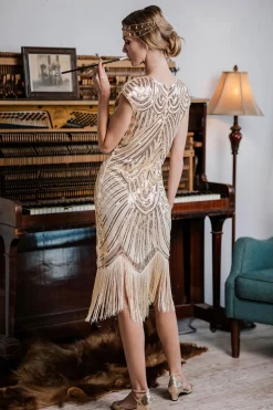 Sale Retro Stage [US Warehouse] Apricot 1920s Sequin Beaded Fringed Dress