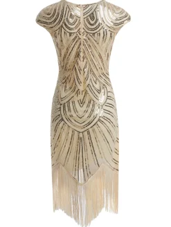 Sale Retro Stage [US Warehouse] Apricot 1920s Sequin Beaded Fringed Dress