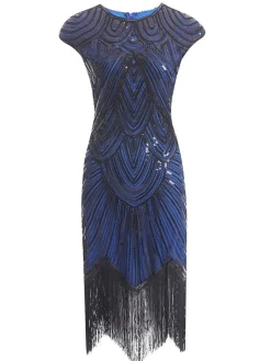 Sale Retro Stage [US Warehouse] Apricot 1920s Sequin Beaded Fringed Dress