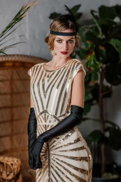 Best Retro Stage [US Warehouse] 1920s Sequin Art Deco Maxi Dress Apricot