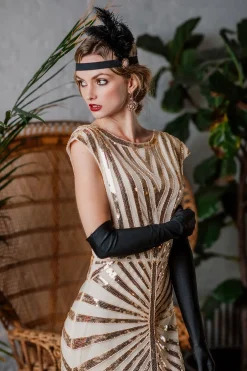 Best Retro Stage [US Warehouse] 1920s Sequin Art Deco Maxi Dress Apricot