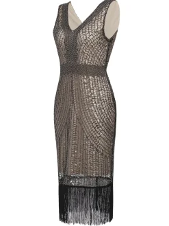 Fashion Retro Stage [US Warehouse] 1920s Sequin Fringe Flapper Dress Apricot